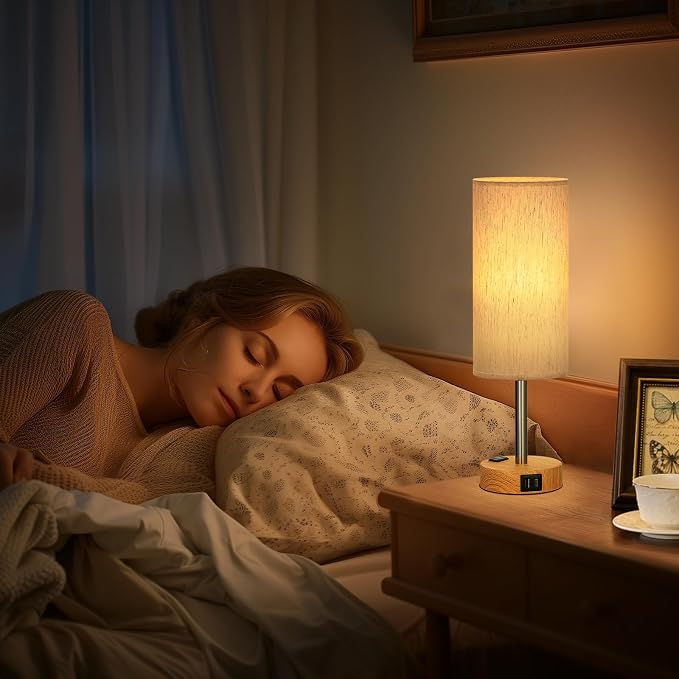 Fenmzee Small Touch Table Lamps Set of 2-3-Way Dimmable, USB A + C Charging, AC Outlet, Wood Grain Base, Bulbs Included - Image 6