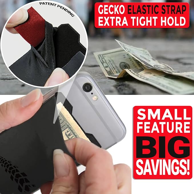 Gecko Travel Tech Double Pocket - Adhesive Card Holder - Cell Phone Pouch - Stick on Spandex Pocket - Carry Credit Cards and Cash (Gray - TIRE) - Image 9