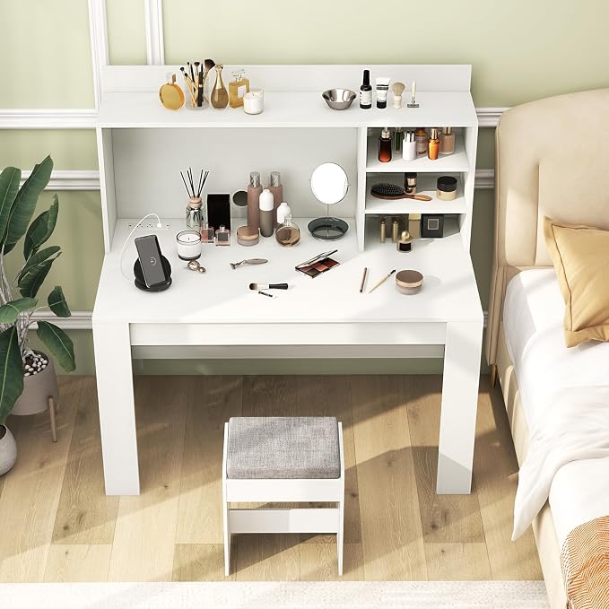Giantex Computer Desk with Hutch, Modern Home Office Desk with Power Outlets, Storage Shelves & Cable Hole, Makeup Vanity Table, Study Writing Desk for Bedroom Office Small Space, White - Image 9