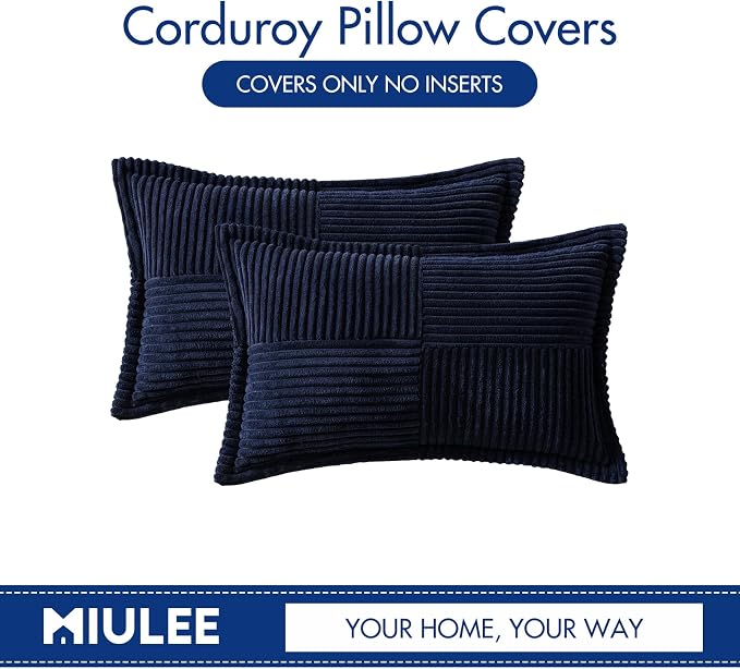 MIULEE Decorative Lumbar Throw Pillow Covers for Couch Bed Livingroom 12x20 Inch Set of 2 Navy Blue Boho Accent Throw Pllows Broadside Striped Patchwork Soft Corduroy Summer Coastal Pillowcases - Image 6