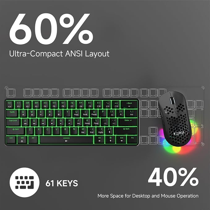 TMKB 60% Mechanical Gaming Keyboard, Red Linear Switch, Wired, Black | LED Backlight, Anti-Ghosting, Detachable USB-C, Double-Shot Keycaps, 61 Keys - Image 6