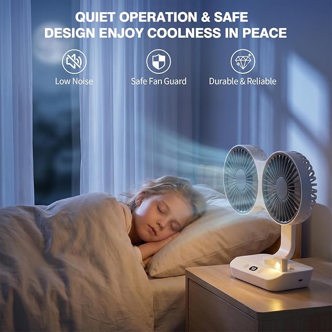 Morelax Dual Head Desk Fan with LED Light, USB Rechargeable Portable Mini Fan, Quiet Desktop & Wall-Mounted Fan, Multi-Angle Rotation, 4 Speeds, for Bedroom, Home, Office, Camping - Image 9