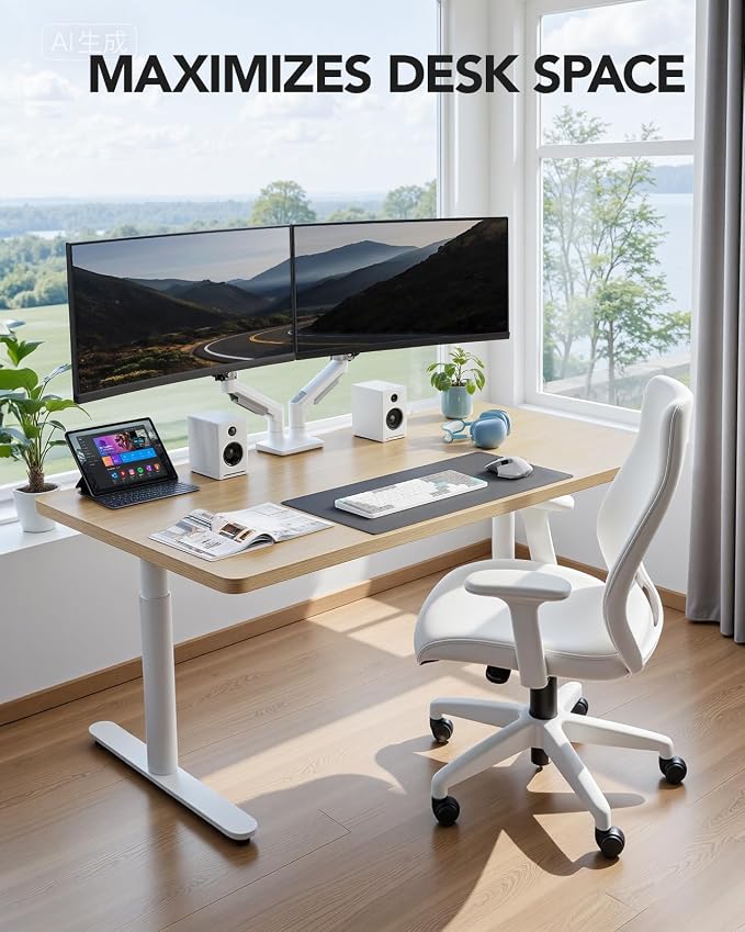 HUANUO Dual Monitor Stand - Full Adjustable Monitor Desk Mount Swivel Vesa Bracket with C Clamp, Grommet Mounting Base for 13 to 32 Inch Computer Screens - Each Arm Holds 4.4 to 19.8lbs - White - Image 7