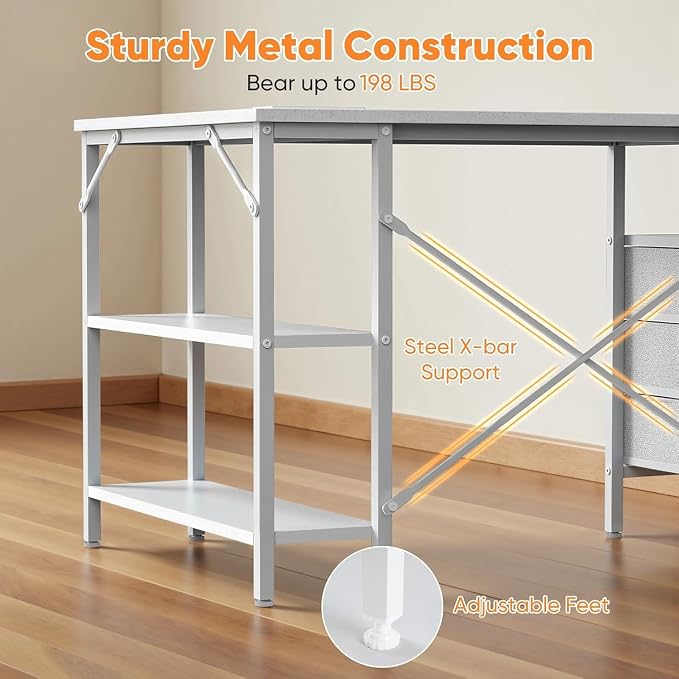 Alpen L Shaped Computer Desk, 55 Inch Corner Desk with Drawers and Power Outlets, Home Office Desk for Gaming, Study Writing PC Table with Storage and Reversible Shelf, White - Image 8