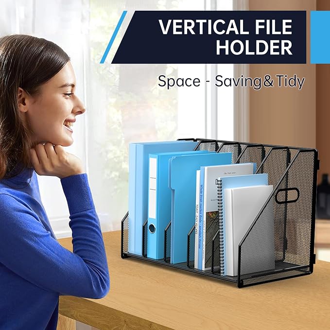 MINDEPOT Desk File Organizer Folder Holder with 5 Vertical for Office Black | Sturdy Metal Mesh, Magazine Folder Holder, Rack File Organizer for Home School, 5 Vertical Compartments - Image 7