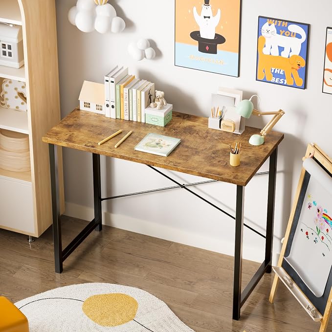 Sweetcrispy Small Computer Desk, 55" Office Writing Desk with Metal Frame & Wooden Tabletop, X-Shaped Reinforcement, Student Study Home Bedroom Table, Brown - Image 8
