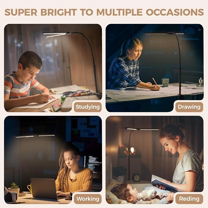 Voncerus LED Desk Lamp for Home Office, Double Head Desk Light with Clamp | 3 Modes 10 Brightness, Long Flexible Goose-Neck, Eye-Caring, Memory Function, Energy Efficient, USB Adapter, Metal, Black - Image 6