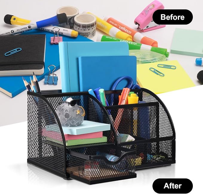 Comix Mesh Pen Pencil Holder Desk Organizer, 7 Compartment Wire Desktop Pen Pencil Cup Caddy Office Supplies for Home Office School, Black - Image 6