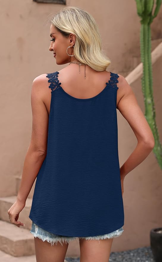 OFEEFAN Tank Top for Women Loose Fit Crew Neck Sleeveless Shirts Strap Lace Camisole Chiffon Summer Tops Curved Hem - Image 5