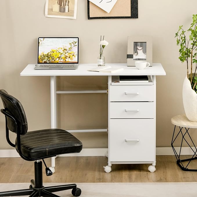 Folding Computer Desk with 6 Wheels, 41.5" Modern Steel Collapsible Home Office Desk with 3 Storage Drawers, Portable Writing Laptop Desk for Bedroom, Study, Small Space, Home Office, White - Image 9