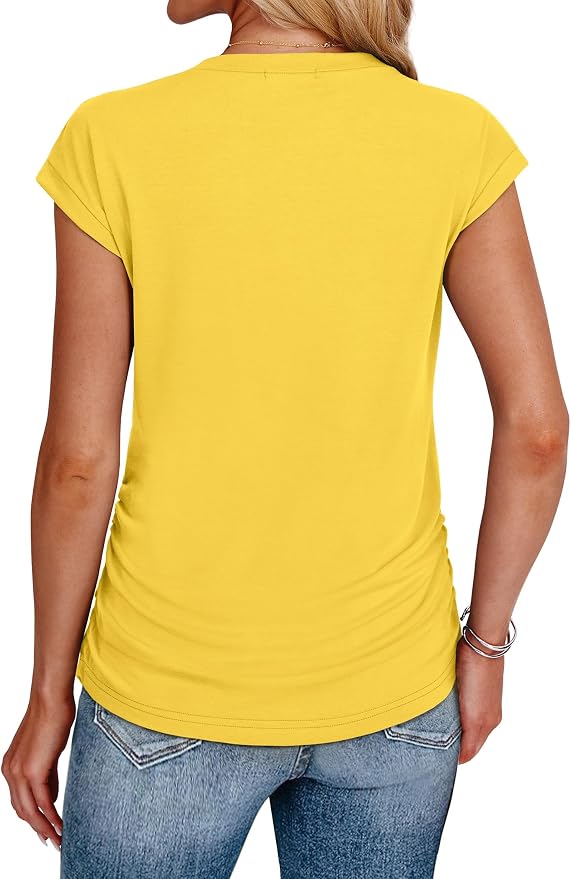 Sampeel Womens Summer Tops Trendy 2026 Ruched Cap Short Sleeve Tshirts Shirts Crew Neck T Shirts Fashion - Image 5