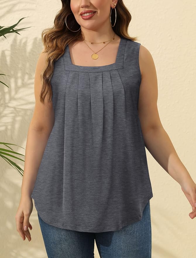 Saloogoe Summer Tank Tops for Women Loose Fit Pleated Square Neck Sleeveless Tops Curved Hem Flowy - Image 5