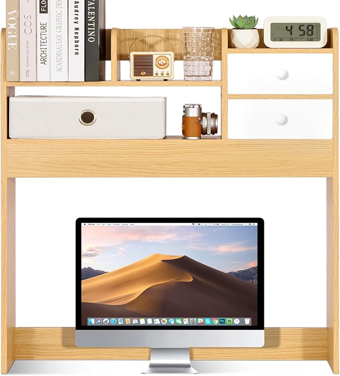 YGYQZ Wood Desk Shelf Organizer, Desk Hutch Top Only, Countertop Storage Hutch with 4 Shelves for Computer Desk,2-Tier with Cabinet Door Rack for Office, Home, Dorm,Natural - Image 9