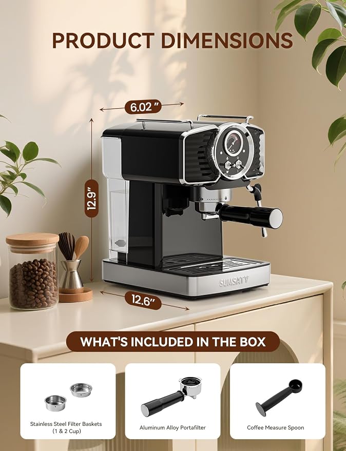 SUMSATY 20 Bar Espresso Machine Retro with Powerful Milk Frother, Black | Visual Pressure Gauge Espresso Coffee Machine 1350W Fast Heating Home Barista for Cappucino Latte Maker, 61oz Water Tank - Image 6
