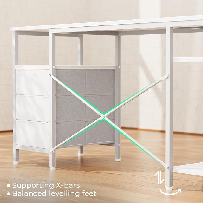 Huuger L Shaped Office Desk with Power Outlets, 47 Inch Computer Desk with 3 Drawers, Shelves, for Gaming, Corner Work, Home Office, Study, White - Image 9