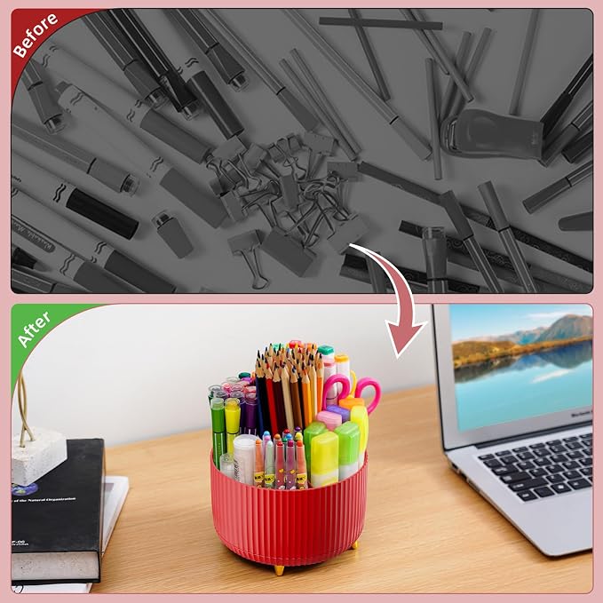 Marbrasse Desk Organizer, 360-Degree Rotating Pen Holder for Desk, Desk Organizers and Accessories with 5 Compartments Pencil Organizer, Art Supply Storage Box Caddy for Office, Home (Red) - Image 7