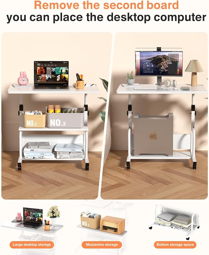 QZMDSM Portable Desk with Wheels Small Standing Desk on Wheels Adjustable Height Rolling Desks for Small Spaces, 32" Computer Desks with Storage Shelves for Home Office Study White - Image 6