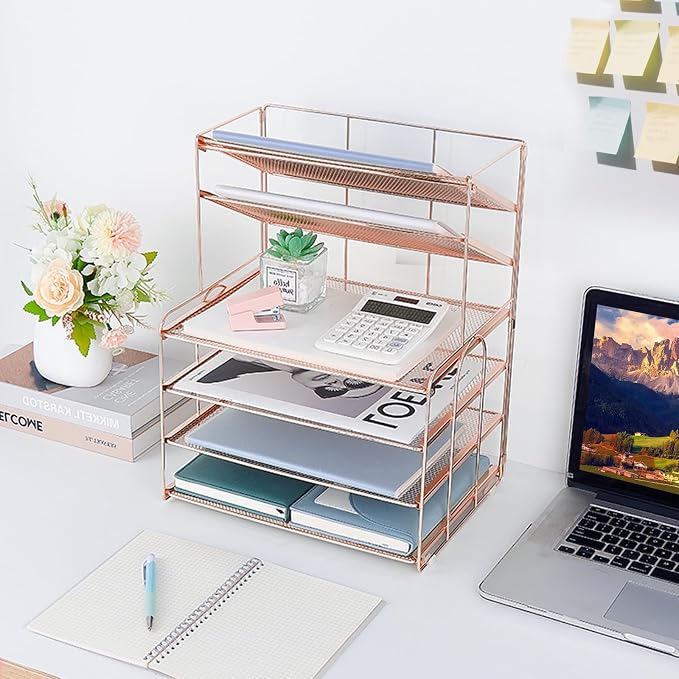 OPNICE Desk Organizers and Accessories, 6-Tier Letter Tray Paper Organizer, Desktop File Organizer, Office Desk Accessories for Office Supplies (Rose Gold) - Image 6