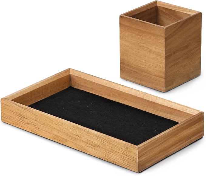 HULISEN Wooden Desk Organizer Tray, Pencil Holder with Felt Lining | Non-Slip Desk Tray Set, Pen Storage Compartment, Space-Saving Design, Desktop Accessory for Room Office & Workspace - Image 8