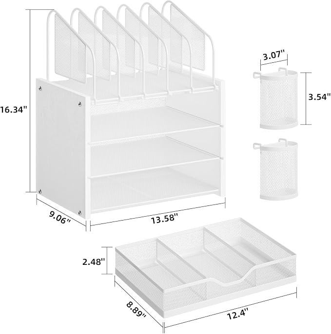 Marbrasse Desk organizer with Drawer, 4-Tier Wooden File Organizer with 5 Vertical File Holders and 2 Pen Holders, Desk Organizers and Accessories for Home Office - White - Image 6