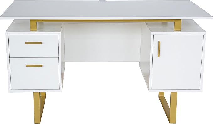 Techni Mobili Storage Drawers and Cabinet 51.25” W-Modern Office Large Floating Desktop Surface Desk, 23.6" D x 51.2" W x 29.8" H, White/Gold | Home office workstation, durable construction, everyday productivity, Ideal for home office, Workspace organ... - Image 9