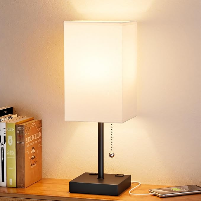 Bedside Lamp for Bedroom - 3 Color Temperatures, USB A+C, 2 AC Outlets | Pull Chain Switch, LED Bulb Included, White Fabric Shade, 17.4" Table Lamp for Nightstand, Desk, Living Room, Office - Image 7