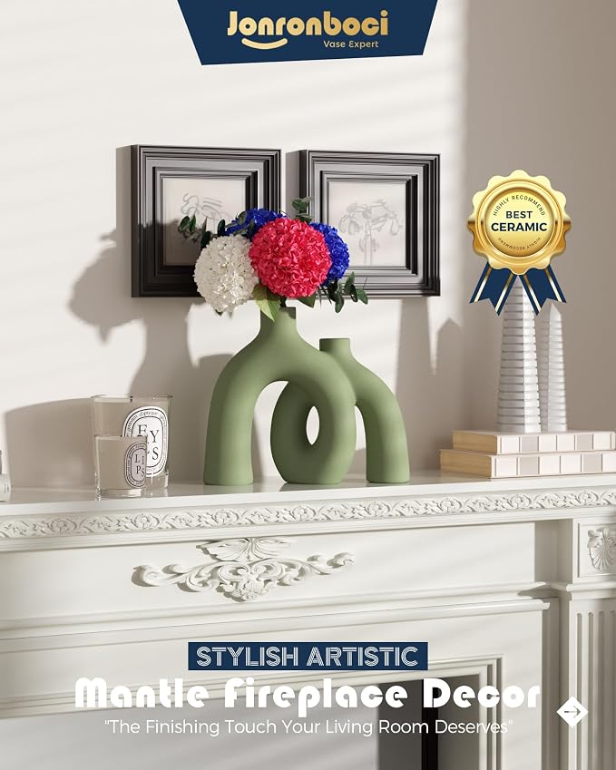 Hug Donut Decorative Vase Set - Sage Green Modern Nordic Boho Style Vases Home Decor,Matte Ceramic Decorations for Living Room Shelf, Bookshelf Mantle Entryway Table or Console Décor(Green) - Image 7