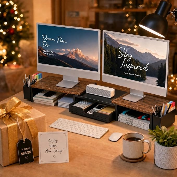 OPNICE Desk Organizers and Accessories, Dual Monitor Stand Riser with Drawer and 2 Pen Holders, Desk Shelf Wood Computer Racks for Office Workspace Organizers, Desktop Organization (Rustic Brown) - Image 9