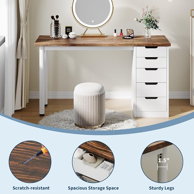 Garvee Computer Desk with 5 Drawers, 47 Inch Modern Simple Study Writing Desk with Storage, Rustic Home Office Desk, Reversible Computer Desk for Small Spaces, Apartments, Dorms, Brown+White - Image 9