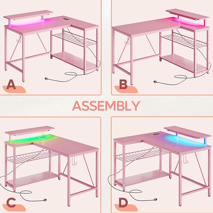 Bestier 42-Inch Pink L-Shaped Gaming Desk with Charging & LED | Charging 2AC+USB+Type-C, RGB LED 20 Colors/22 Modes, Reversible Shelves, Carbon Fiber Texture, Headset Hook, Small Space - Image 8