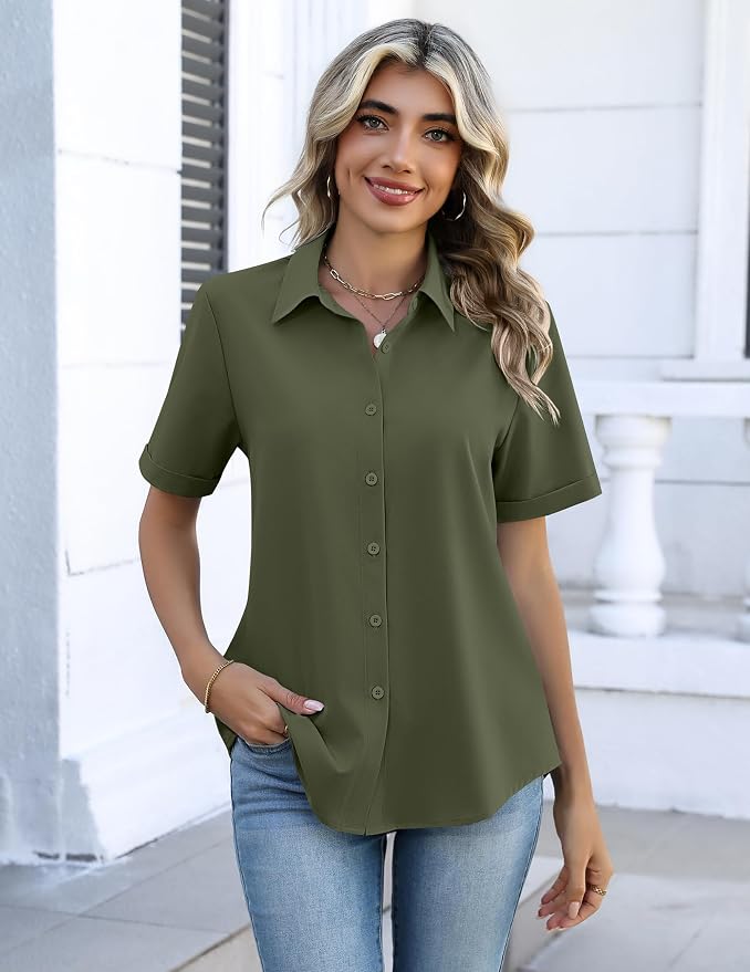 Zeagoo Button Down Shirts for Women Short Sleeve Collared Tops Dressy Casual V Neck Blouses - Image 5