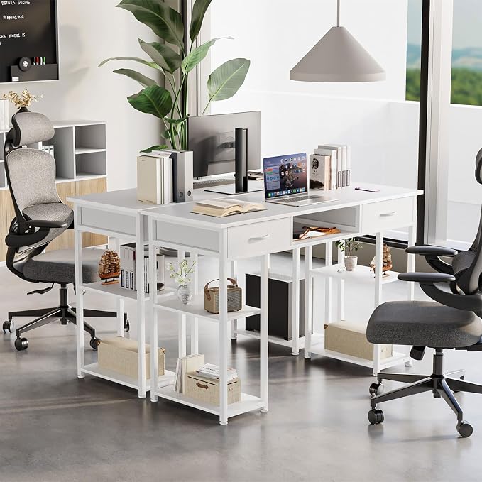 47 Inch Computer Desk with 2 Drawers, Home Office Desk with Wooden Shelves, Study Writing PC Table for Small Spaces, Bedroom, Dorm or Living Room, White - Image 7