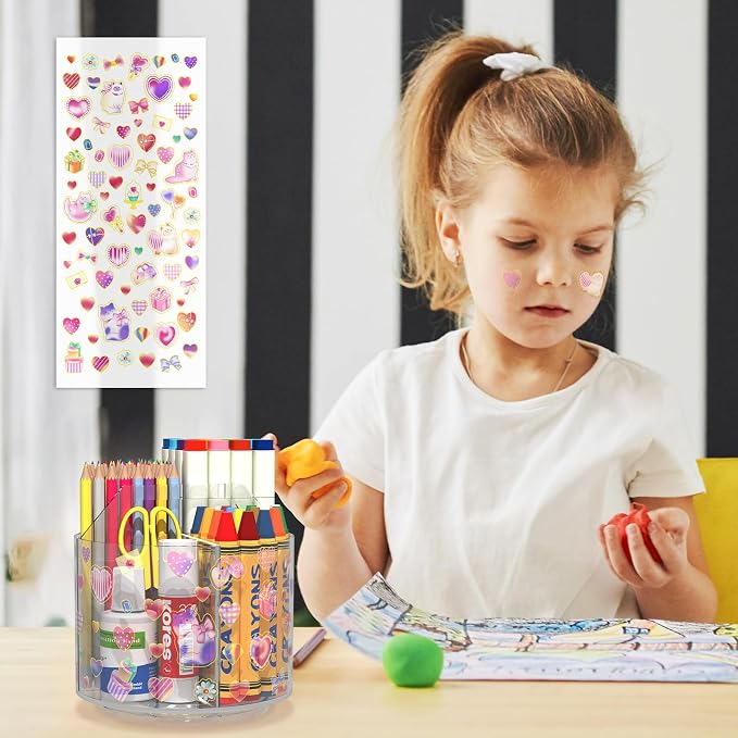 Acrylic Pencil Organizer for Desk Crayon Organizer with Adhesive Sticker | Rotating Art Supply Organizer with Kawaii Sticker, Spinning Marker Holder Organizer for Kids Small Lazy Susan with 4 Dividers - Image 7