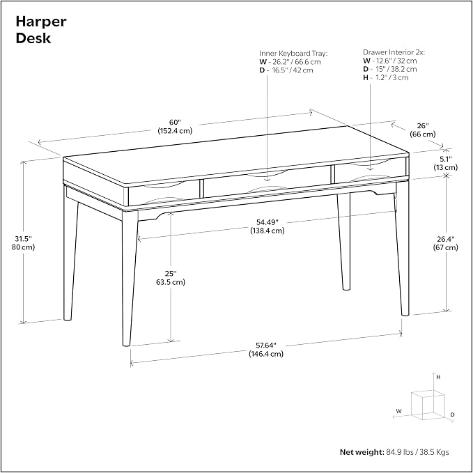 SIMPLIHOME Harper Desk - 60 inch Wide Solid Wood Writing Desk in Blonde, Mid-Century Modern Home Office Computer Desk with Keyboard Tray, 2 Drawers and Notched Handles - Image 3