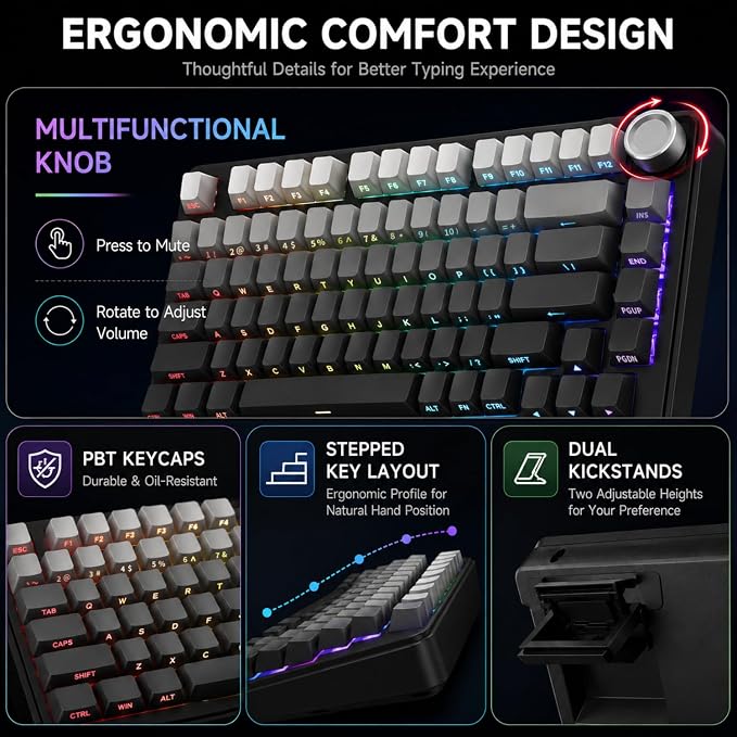 AOC GK330 75% Wireless Mechanical Gaming Keyboard, Hot-Swappable 3-Mode RGB | BT/2.4GHz/USB-C Connectivity, Pre-Lubed Reaper Switches, Anti-Ghosting, Gasket Mount and 5-Layer Sound-Dampening Padding - Image 9