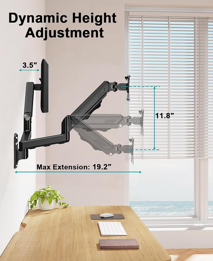MOUNT PRO Dual Monitor Wall Mount for 2 Computer Screen up to 32 Inch, Gas Spring Double Monitor Arm Holds Up to 19.8lbs Each, Full Motion Adjustable Wall Monitor Mount, VESA Mount 75x75/100x100 - Image 8