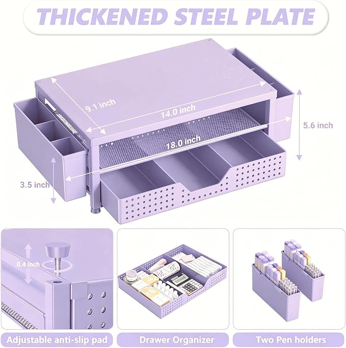 OPNICE Desk Organizers and Accessories, 2-Tier Computer Monitor Stand Riser with Drawer and 2 Pen Holders, Laptop Stand, Office Desk Accessories for Office Supplies, Purple - Image 7