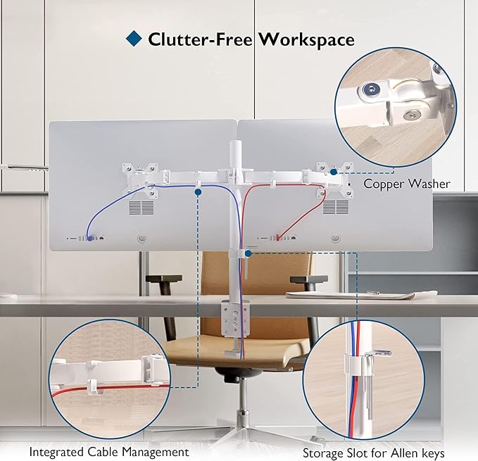 BONTEC Dual Monitor Desk Mount, 13-27 Inch, 22lbs, VESA 75x75/100x100,White | Full Motion Adjustable Stand, Heavy Duty Arms, C Clamp and Grommet Base, Cable Management for Flexible Screen Positioning - Image 9