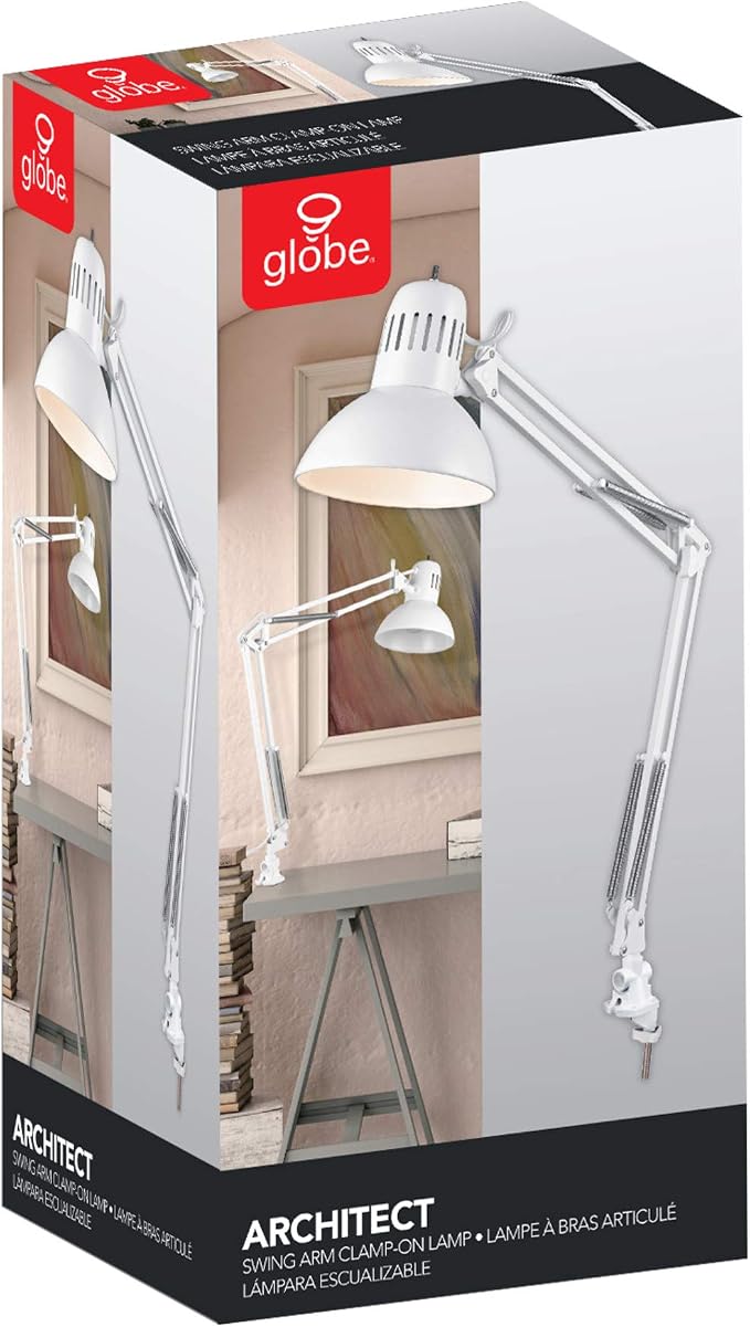 Globe Electric 52847 31.5 Inch Swing Arm Clamp-On White Desk Lamp with Nickel Accents, On/Off Rotary Switch, Book Reading Light, Home Essentials, Office Décor, LED Bulb Compatible - Image 11
