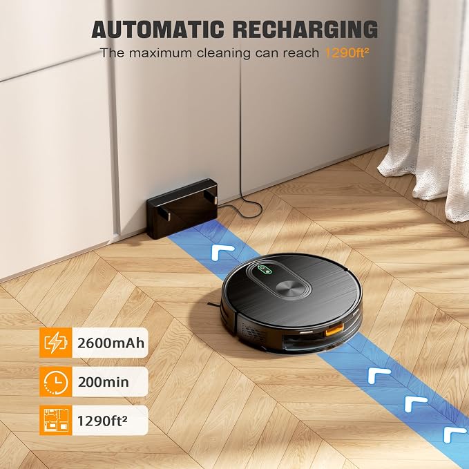 Robot Vacuum and Mop, 6500Pa Suction, 2 in 1 Robotic Vacuum with Gyro Inertial Navigation, 200 Min Runtime, App/Remote/Voice Control, Ideal for Pet Hair, Hard Floor, Carpet - Image 9