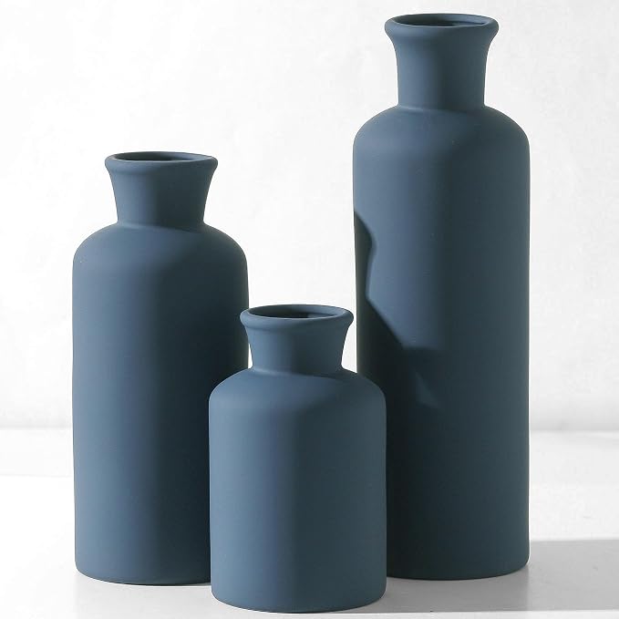 Ceramic Vase Set of 3, Neutral Modern Vases Home Decor Boho Vase Farmhouse Decor Flowers Pampas Vases for Table Mantel Entryway Shelf Living Room Kitchen Bathroom - Navy Blue - Image 8