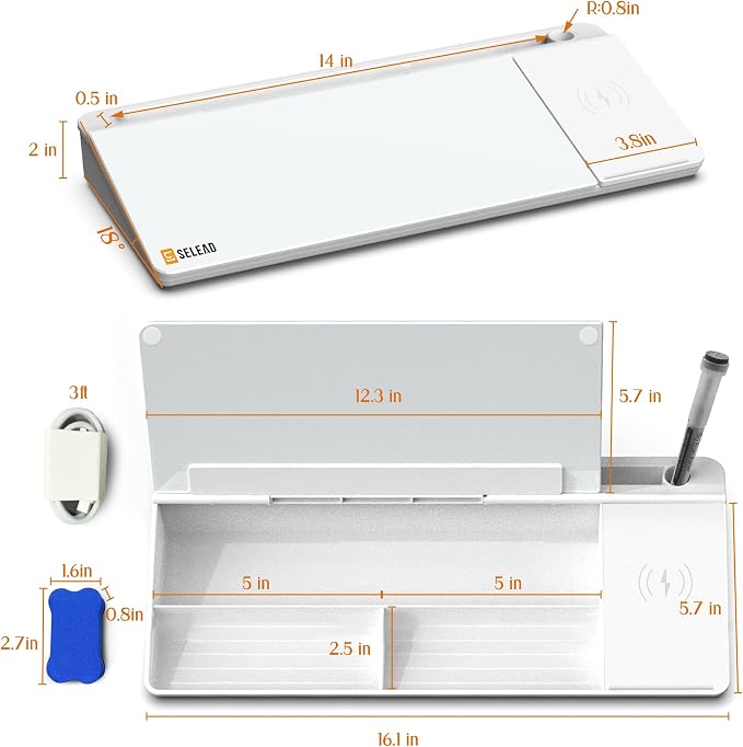 SELEAD Desktop Glass Whiteboard with Wireless Charger Station, Dry Erase Board Computer Pad Keyboard Stand with Organizer Drawer for Home, School, Office Desk Accessories, White - Image 8