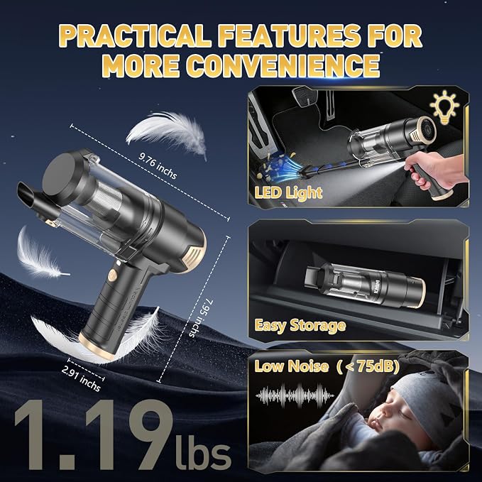 KMM Handheld Car Vacuum Cleaner, 16000PA Air Duster & Vacuum Cleaner, 120W High Power Hand Held Vacuum Cordless, Portable Vacuum Rechargeable with Multi-Nozzles & LED Light for Car, Home, Pet, Office - Image 7