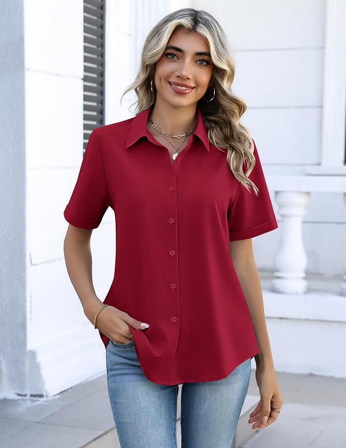 Zeagoo Button Down Shirts for Women Short Sleeve Collared Tops Dressy Casual V Neck Blouses - Image 5