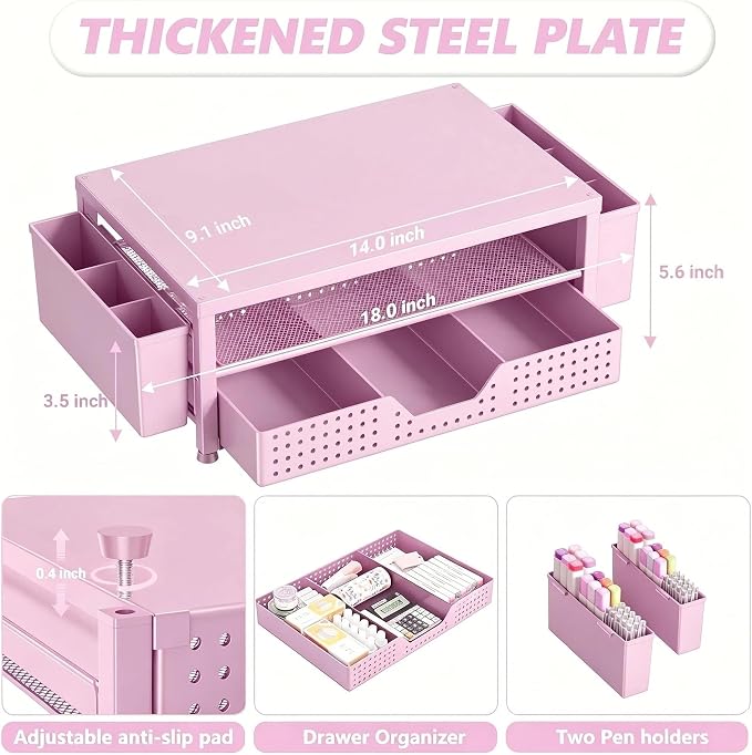 OPNICE Desk Organizers and Accessories, 2-Tier Computer Monitor Stand Riser with Drawer and 2 Pen Holders, Laptop Stand, Office Desk Accessories for Office Supplies, Pink - Image 7