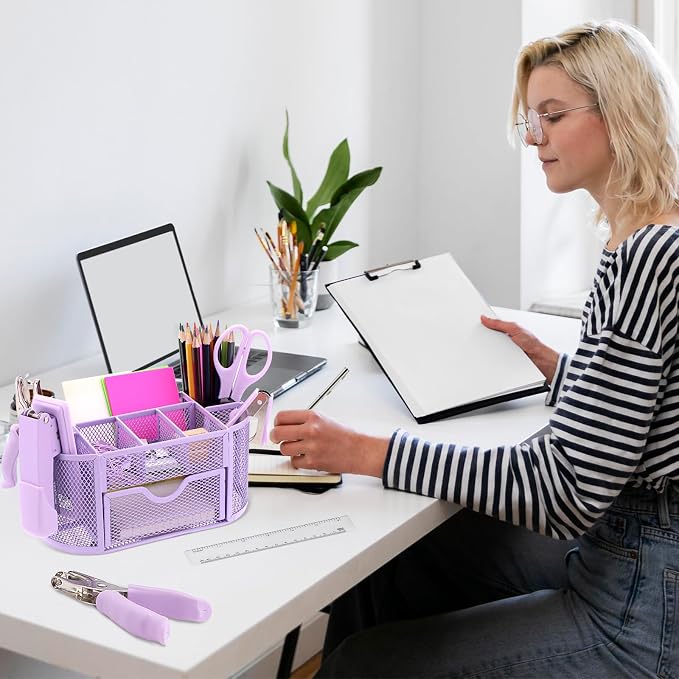 17 in 1 Purple Desk Organizers and Accessories Set, 3 Office Desk Supplies Storage Organization, 4 Pens, Stapler, Staples & Remover, Tape & Dispenser, Scissors, Ruler, Clips, Hole Punch Back to School - Image 9