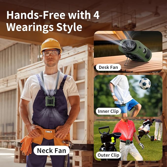Socool 10000mAh Portable Waist Fan Clip on Wearable Belt Personal Fan Rechargeable Battery Operated With 5 Speeds & Flashlight Neck Hands-Free 40H Cooling For Outdoor Travel Camping Power Bank(Green) - Image 7