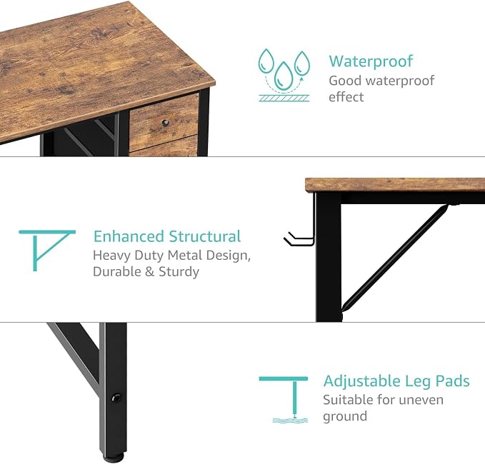 Lufeiya 40 inch Computer Desk with 4 Fabric Drawers, Kids Student Reversible Small Desks for Home Office Small Space, Work PC Desk Table for Bedroom, Rustic Brown - Image 7