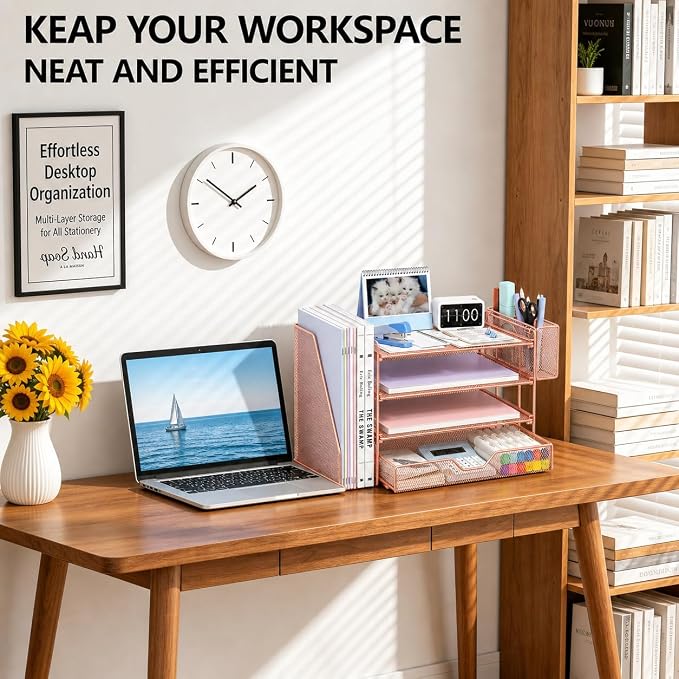 OPNICE Desk Organizers and Accessories, 4-Tier Desktop File Organizer with Drawer and Pen Holders, Office Desk Accessories Workspace Organizers for Office Supplies (Rose Gold) - Image 7