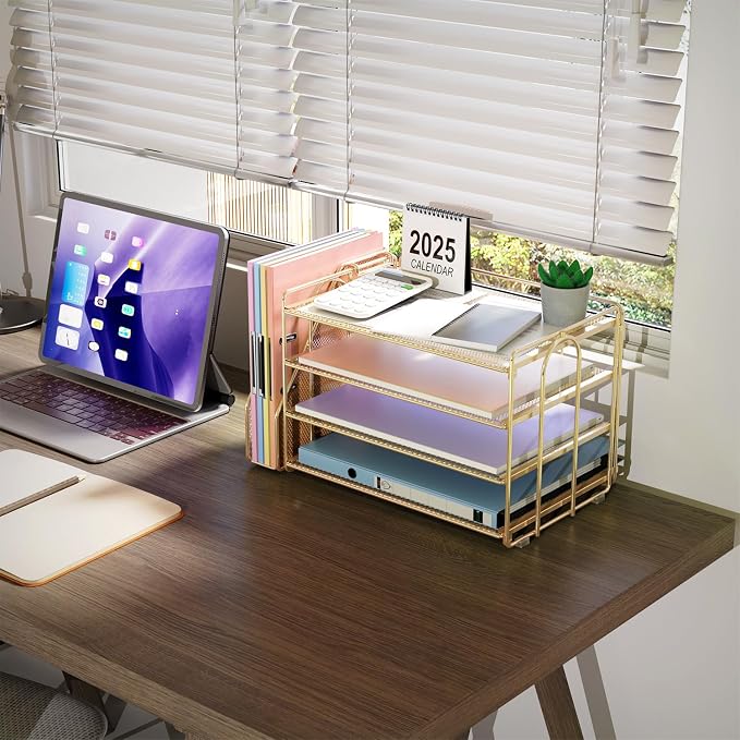 gianotter 4-Tier Paper Organizer With Magazine Holder | Desk Organizers and Accessories, File Organizer for Office Supplies Storag (Gold, 4-Tier) - Image 7